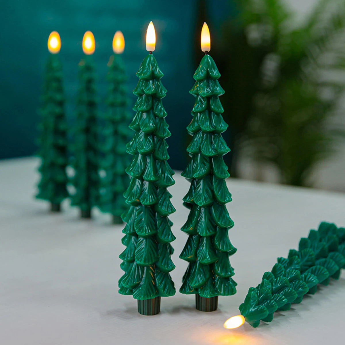Christmas Tree Shaped Taper Candles Decorative LED Candles Remote controlled 3D Flame Green Battery operate Window candlesticks