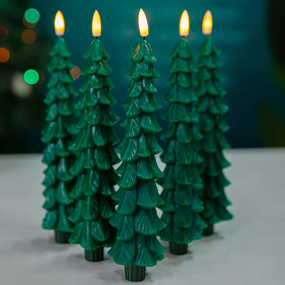 Christmas Tree Shaped Taper Candles Decorative LED Candles Remote controlled 3D Flame Green Battery operate Window candlesticks
