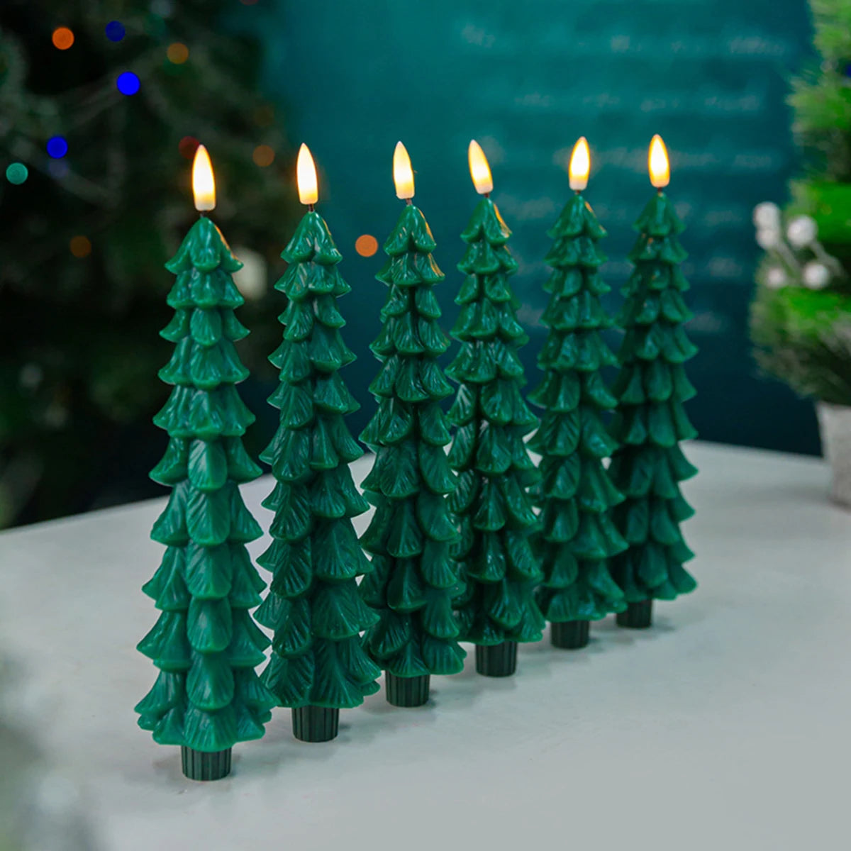 Christmas Tree Shaped Taper Candles Decorative LED Candles Remote controlled 3D Flame Green Battery operate Window candlesticks