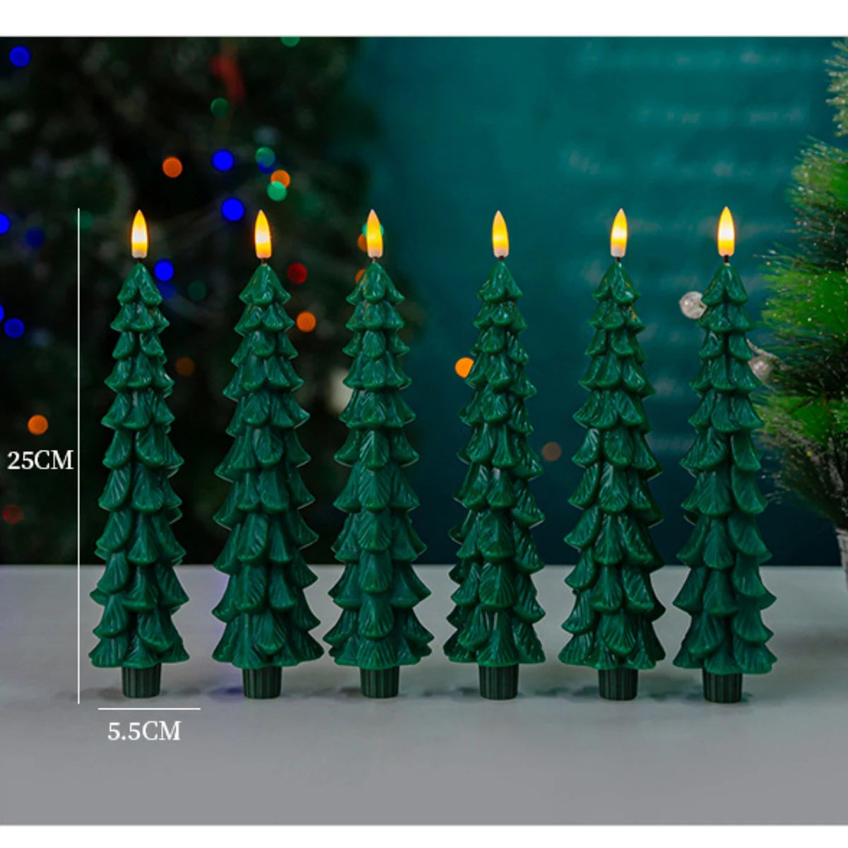 Christmas Tree Shaped Taper Candles Decorative LED Candles Remote controlled 3D Flame Green Battery operate Window candlesticks