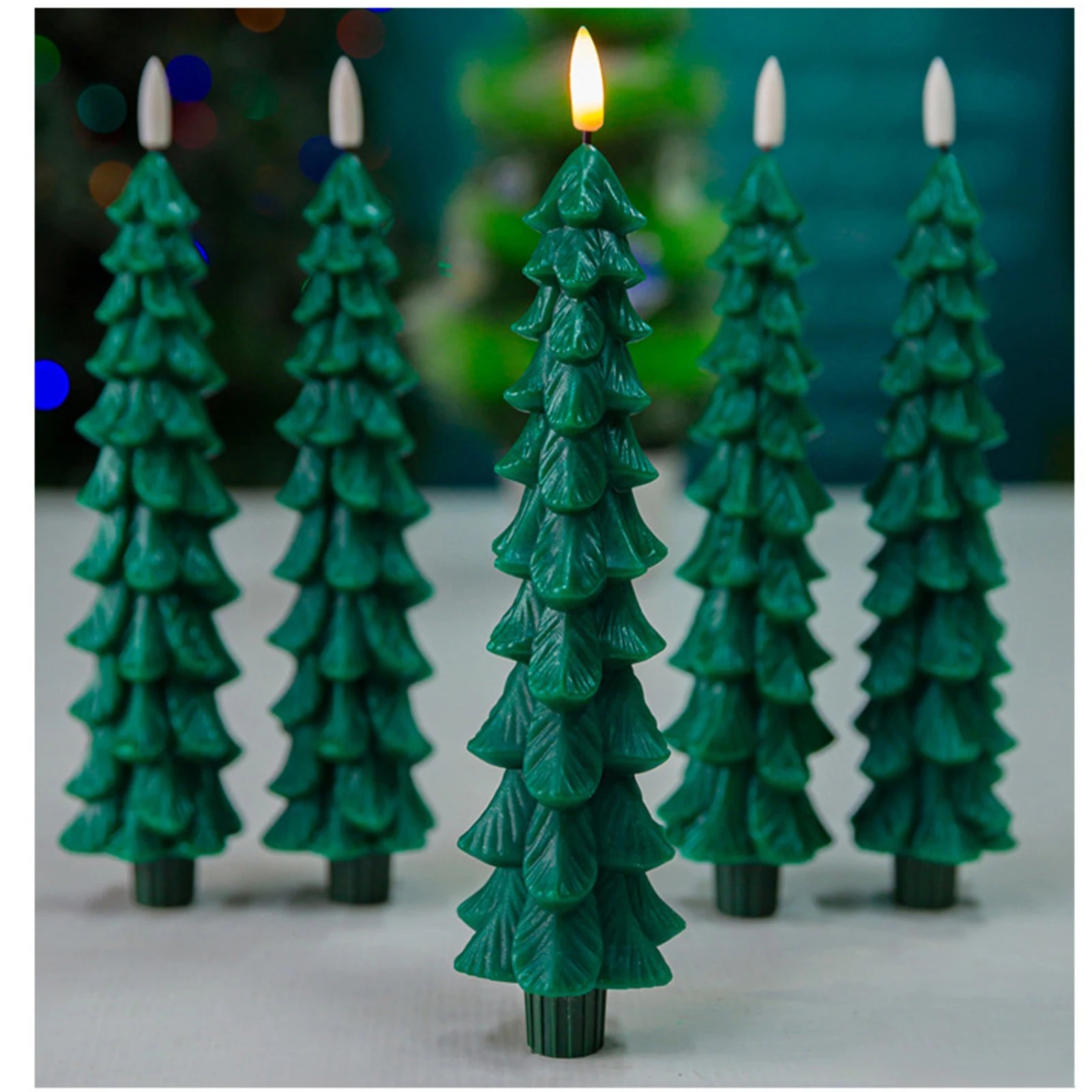 Christmas Tree Shaped Taper Candles Decorative LED Candles Remote controlled 3D Flame Green Battery operate Window candlesticks